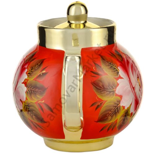 Чайник заварочный для самовара с художественной росписью «Пионы на красном в золоте»