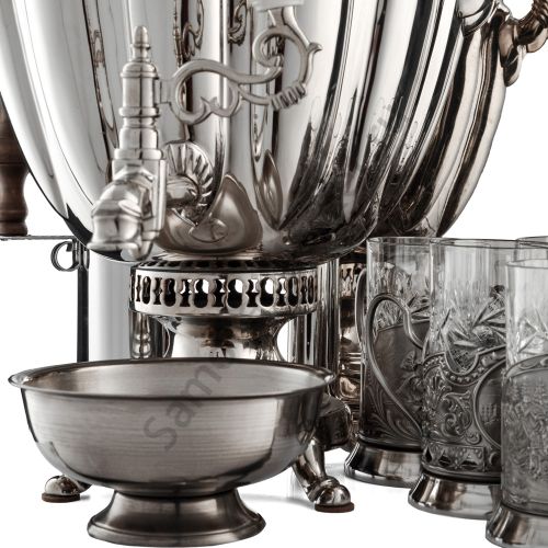 Самовар антикварный на дровах 6,5 л. формы «Ваза дольная», фурнитура кость, в наборе из 17 предметов