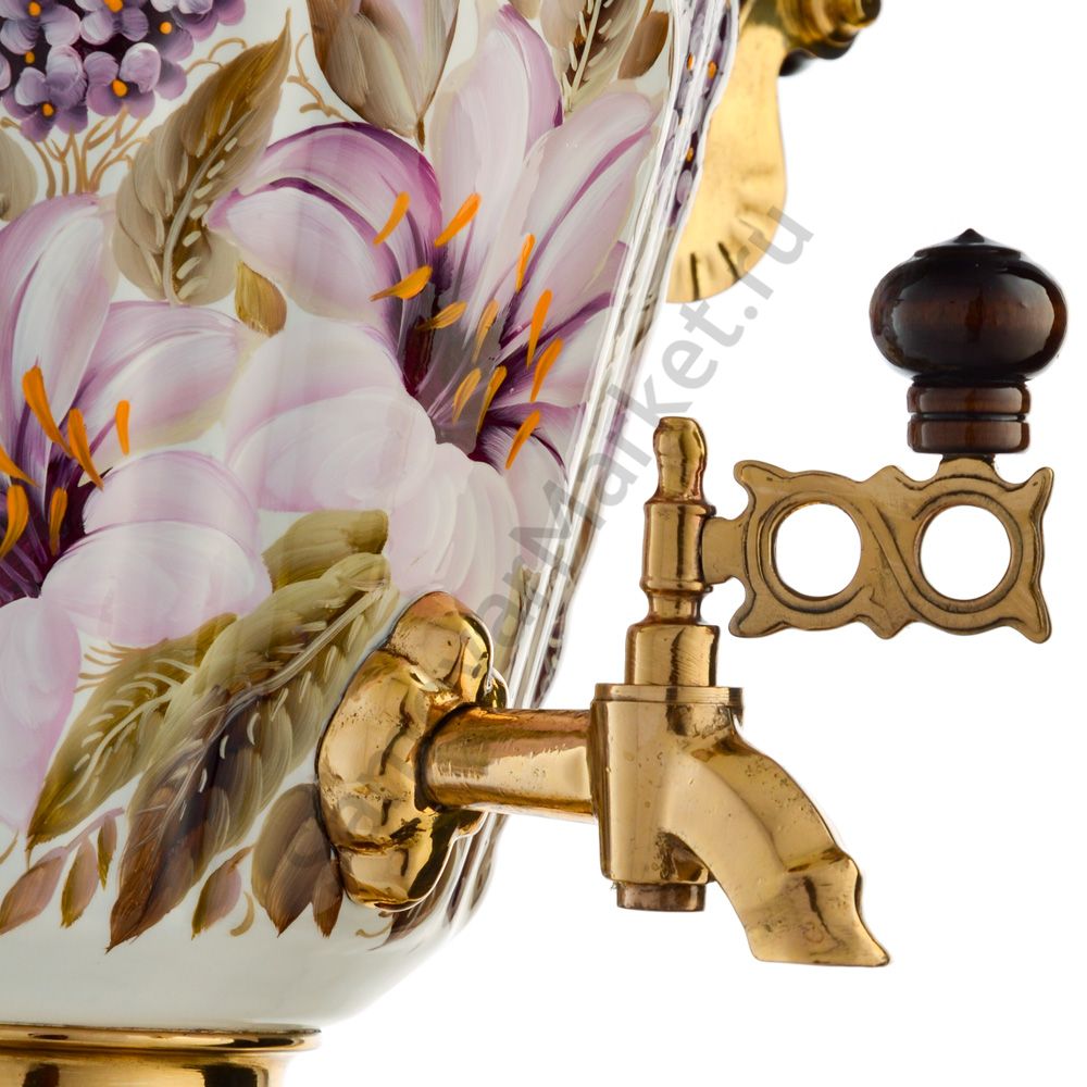 Самовар электрический 3 литра с художественной росписью «Лилии на белом в золоте» формы «Рюмка» Самовар электрический 3 литра с художественной росписью «Лилии на белом в золоте» формы «Рюмка»