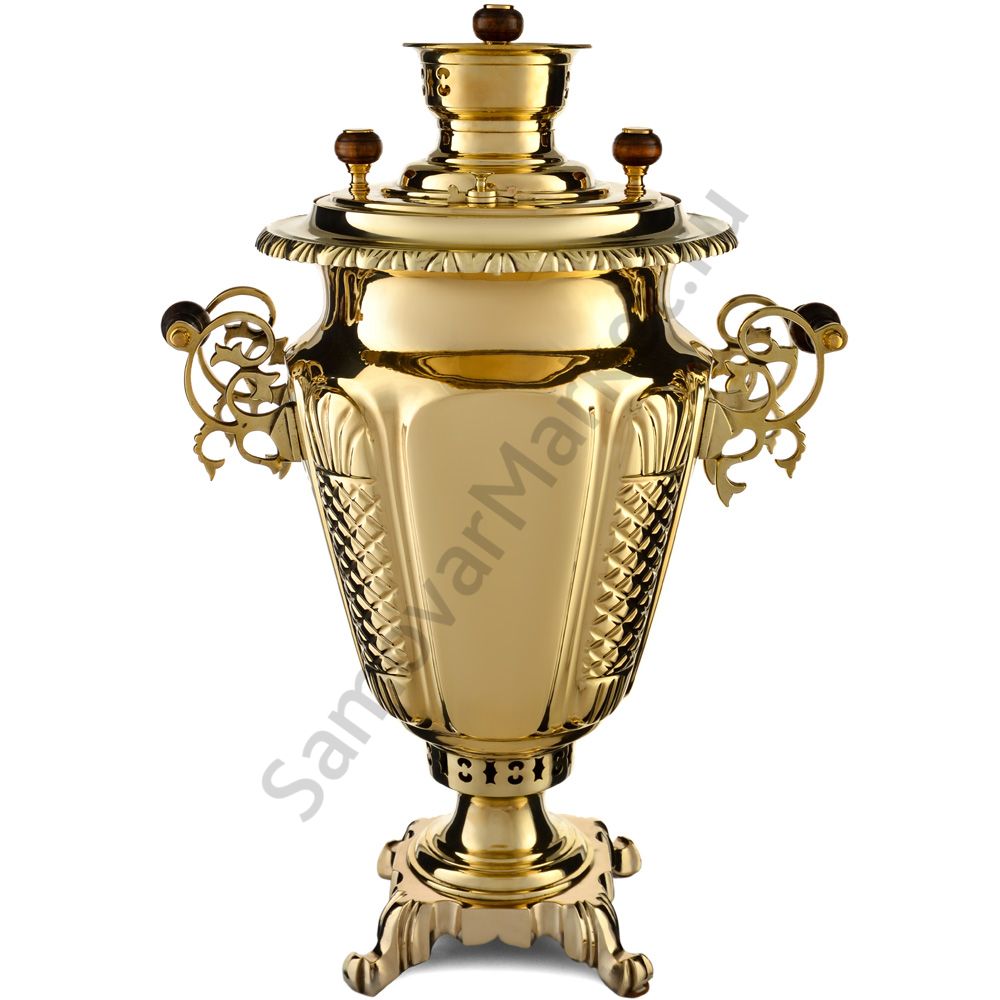 Самовар антикварный на дровах 7,5л. формы «Рюмка с редкими византийскими колоннами» Баташева,золотой Самовар антикварный на дровах 7,5л. формы «Рюмка с редкими византийскими колоннами» Баташева,золотой