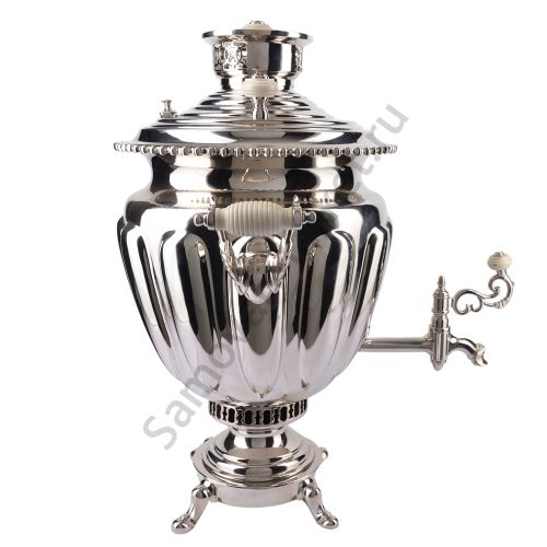 Самовар антикварный на дровах 6,5 литров формы «Ваза дольная», фурнитура кость, серебристый