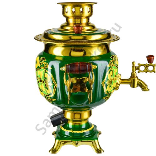 Самовар электрический 3 литра с художественной росписью «Орнамент зелёный» формы «Овал»