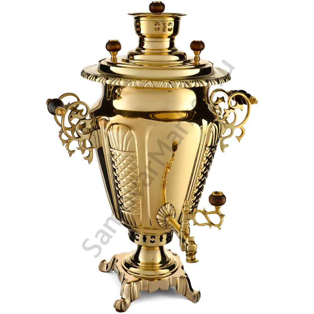 Самовар антикварный на дровах 7,5л. формы «Рюмка с редкими византийскими колоннами» Баташева,золотой Самовар антикварный на дровах 7,5л. формы «Рюмка с редкими византийскими колоннами» Баташева,золотой