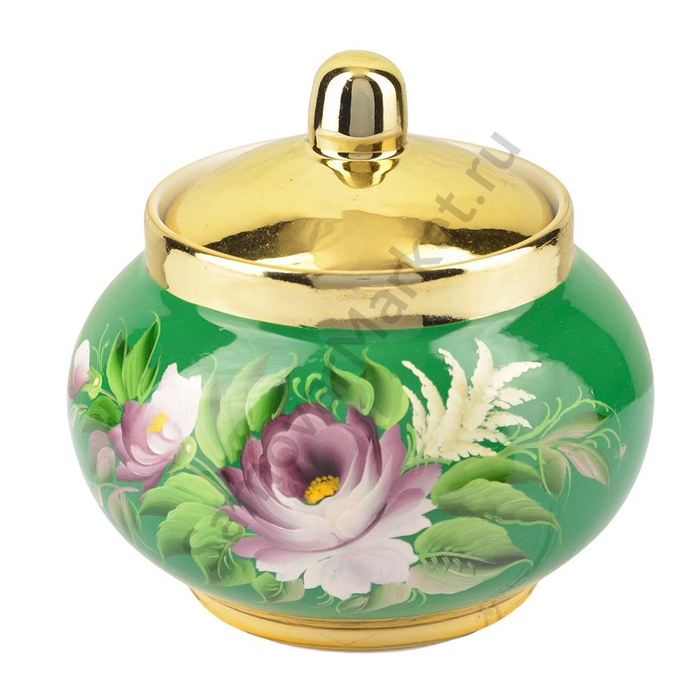 Сахарница с художественной росписью «Пионы на зелёном в золоте» Сахарница с художественной росписью «Пионы на зелёном в золоте»