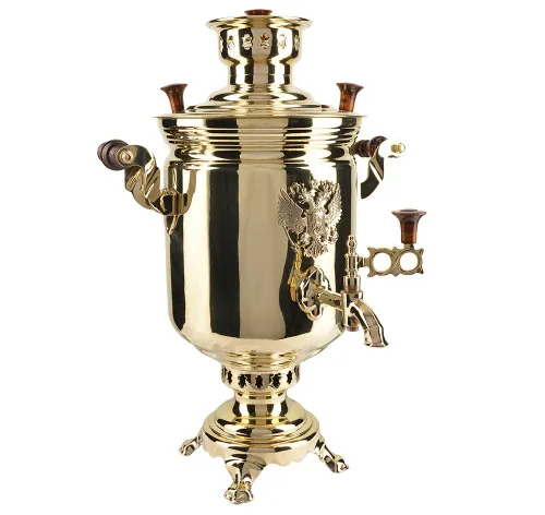 Самовар на дровах 7 литров формы «Банка с гербом РФ», золотой, категория «Люкс» Самовар на дровах 7 литров формы «Банка с гербом РФ», золотой, категория «Люкс»