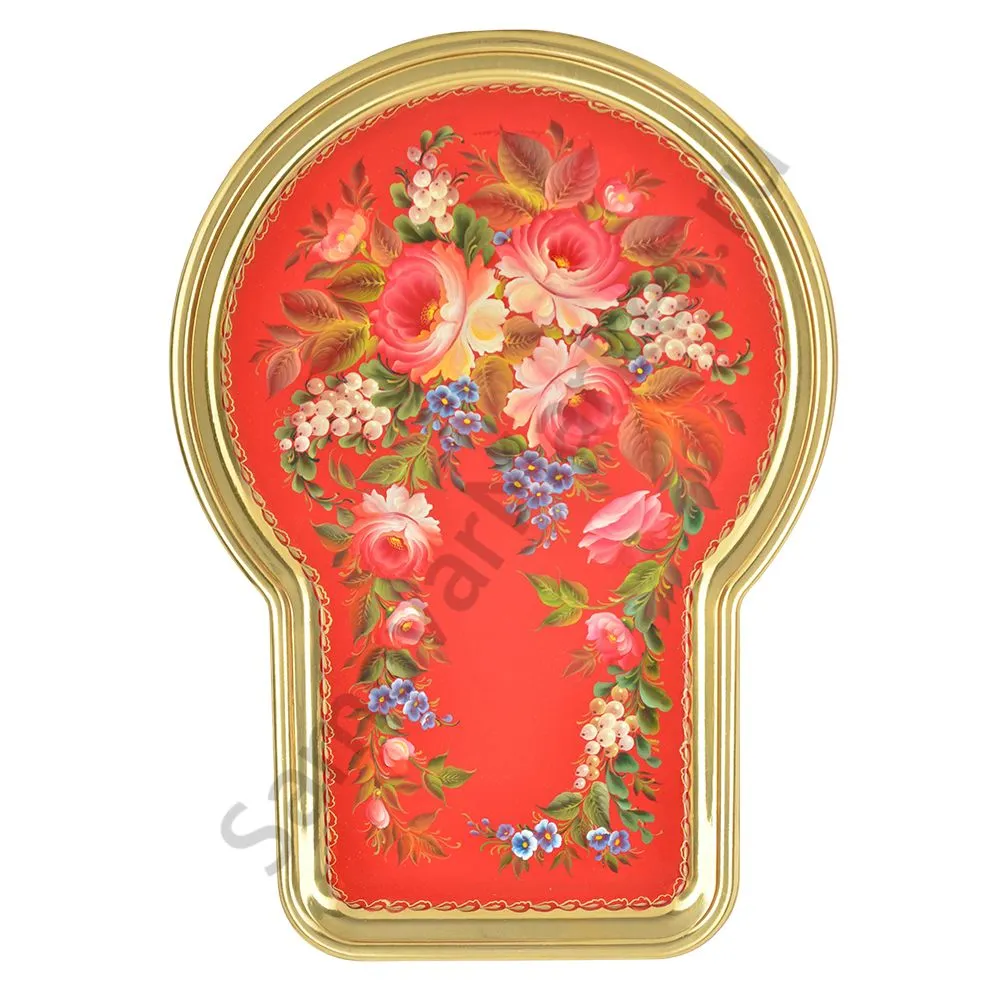 Поднос для самовара формы «Замочная скважина» с художественной росписью «Пионы на красном в золоте»