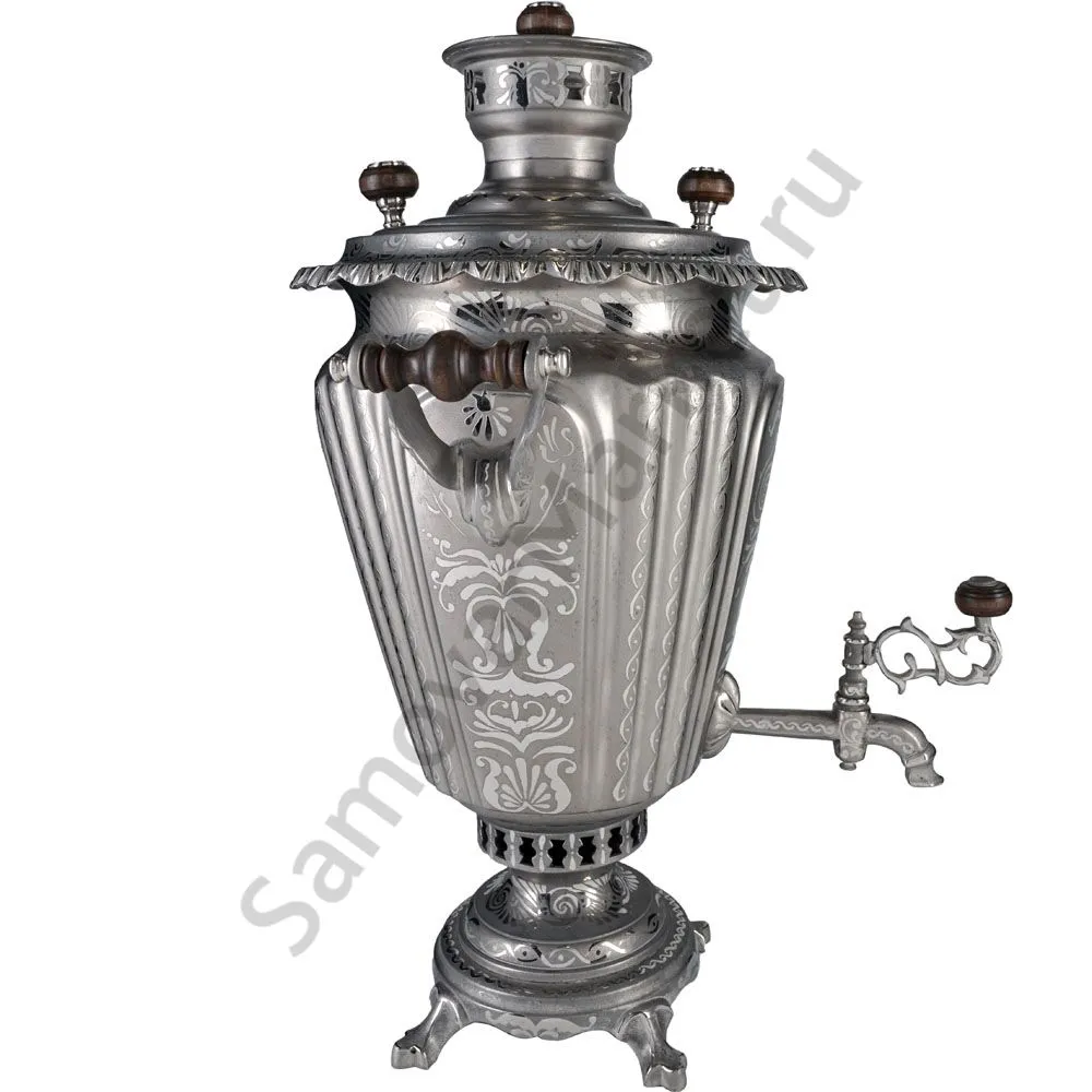 Самовар антикварный на дровах 6,5 литров формы «Рюмка гранная»с трубой, с узором, травление по никел Самовар антикварный на дровах 6,5 литров формы «Рюмка гранная»с трубой, с узором, травление по никел