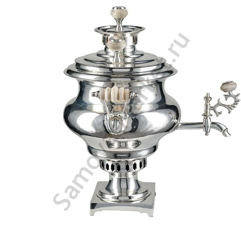 Самовар антикварный на дровах 1,2 литра формы «Репка» Романов,с трубой,фурнитура кость,посеребрённый
