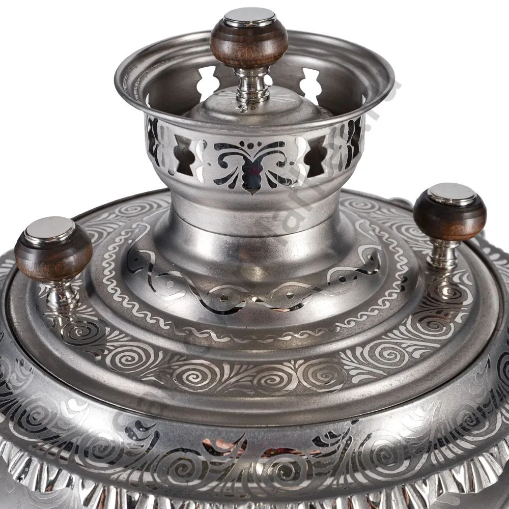 Самовар антикварный на дровах 6,5 литров формы «Рюмка гранная»с трубой, с узором, травление по никел Самовар антикварный на дровах 6,5 литров формы «Рюмка гранная»с трубой, с узором, травление по никел