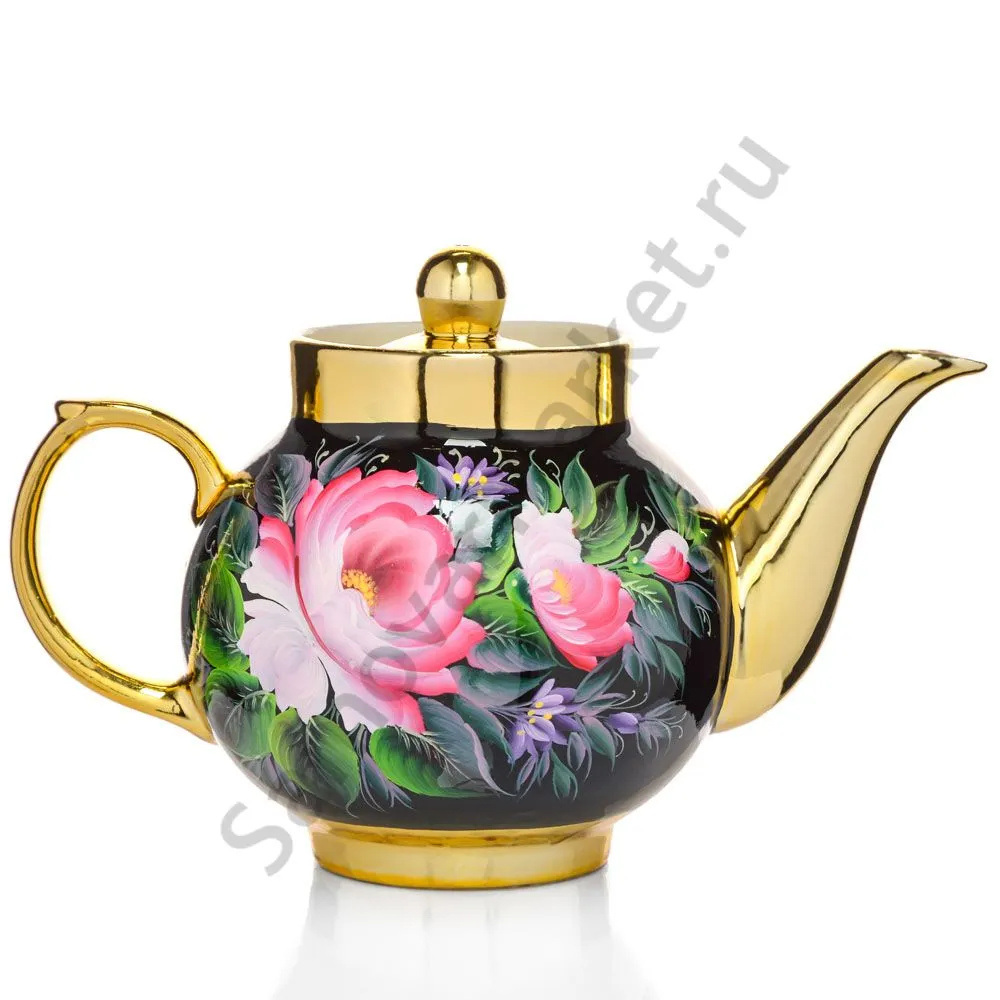 Чайник заварочный для самовара с художественной росписью «Пионы на чёрном в золоте» Чайник заварочный для самовара с художественной росписью «Пионы на чёрном в золоте»