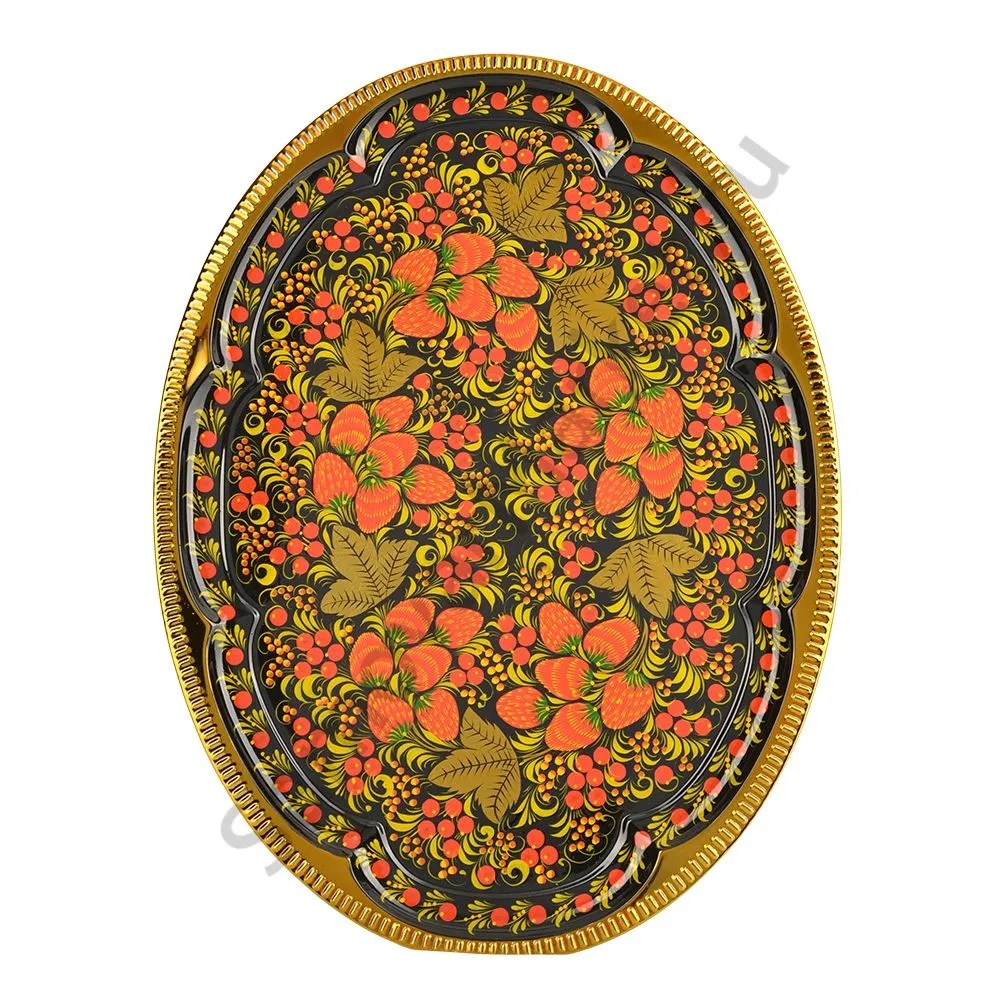 Поднос для самовара овальный с художественной росписью «Клубника в зелени №2» 