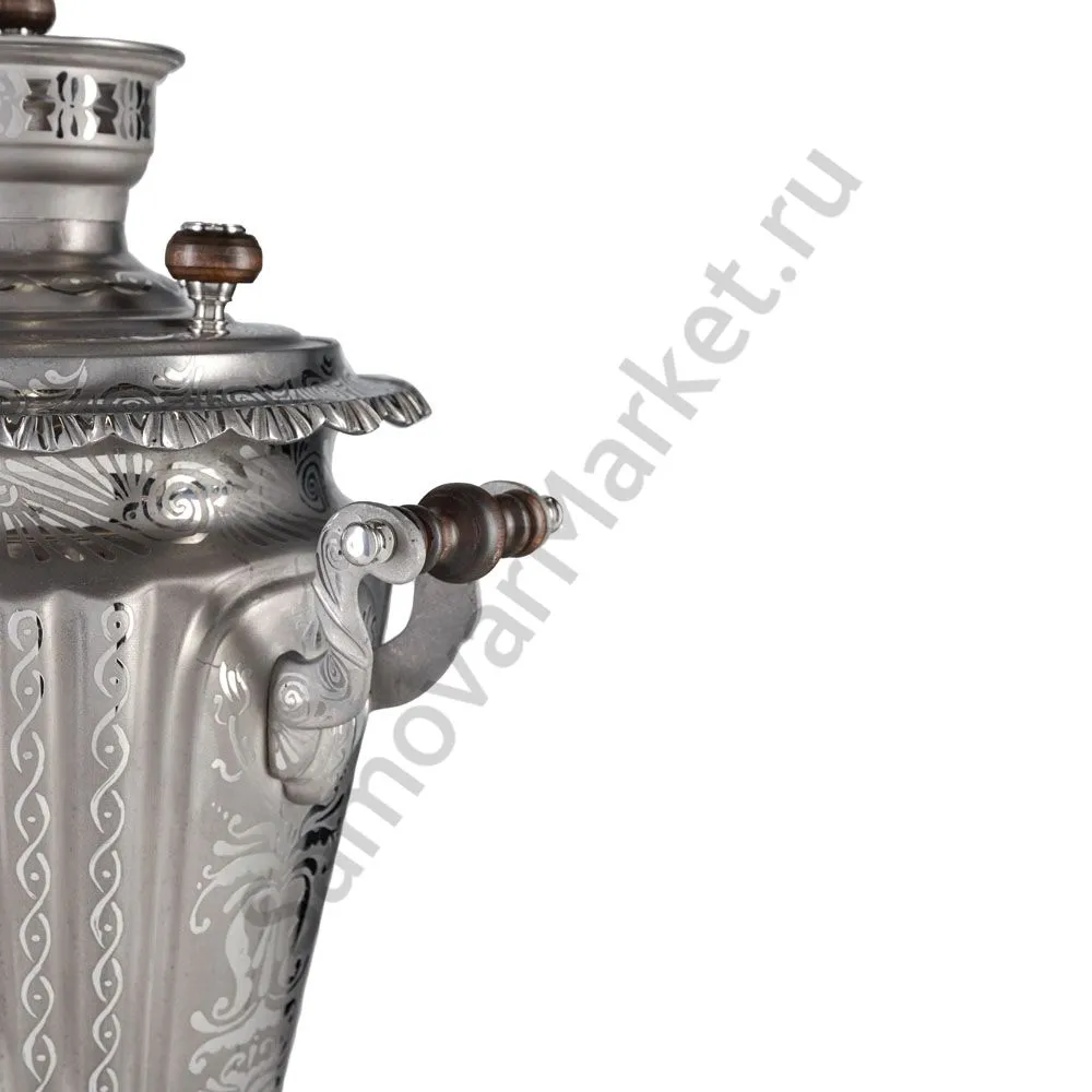 Самовар антикварный на дровах 6,5 литров формы «Рюмка гранная»с трубой, с узором, травление по никел Самовар антикварный на дровах 6,5 литров формы «Рюмка гранная»с трубой, с узором, травление по никел