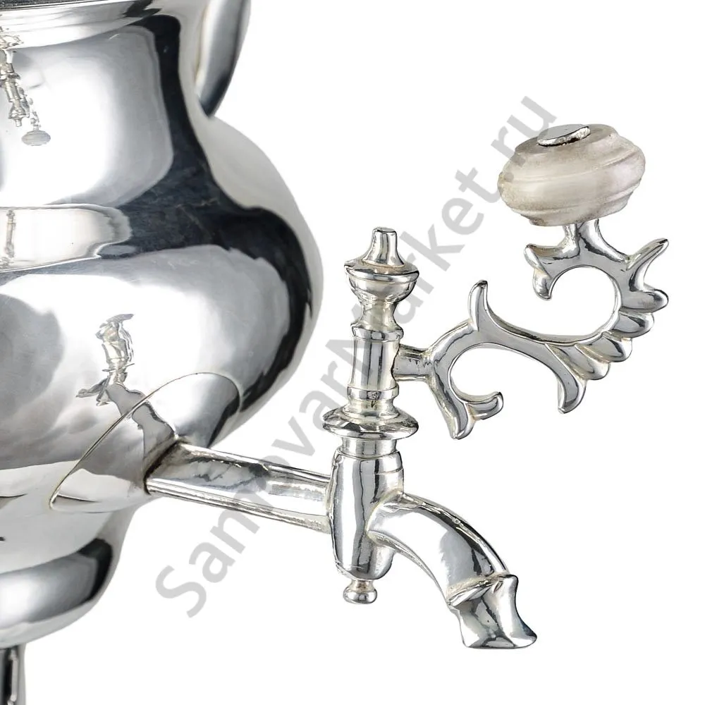 Самовар антикварный на дровах 1,2 литра формы «Репка» Романов,с трубой,фурнитура кость,посеребрённый