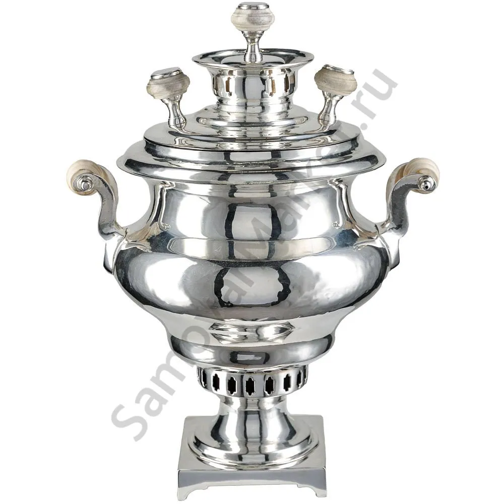 Самовар антикварный на дровах 1,2 литра формы «Репка» Романов,с трубой,фурнитура кость,посеребрённый