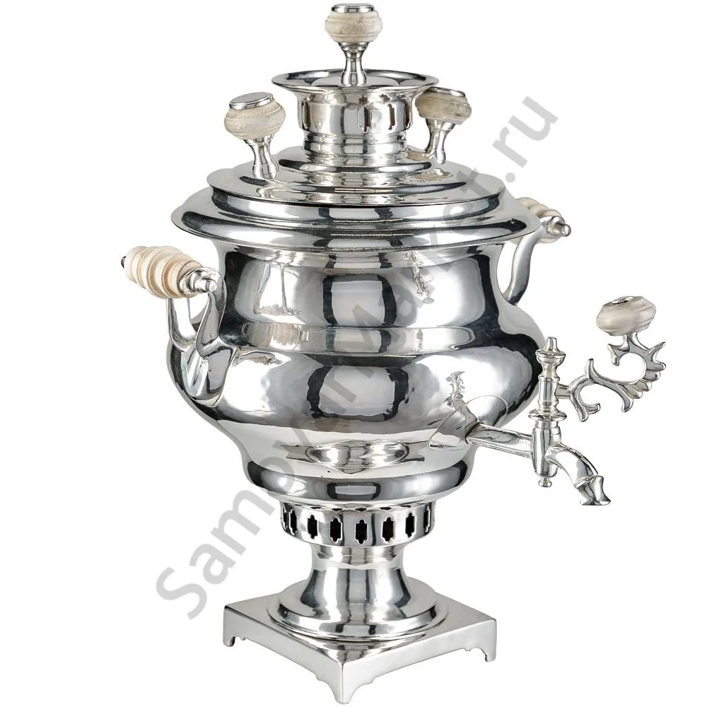 Самовар антикварный на дровах 1,2 литра формы «Репка» Романов,с трубой,фурнитура кость,посеребрённый