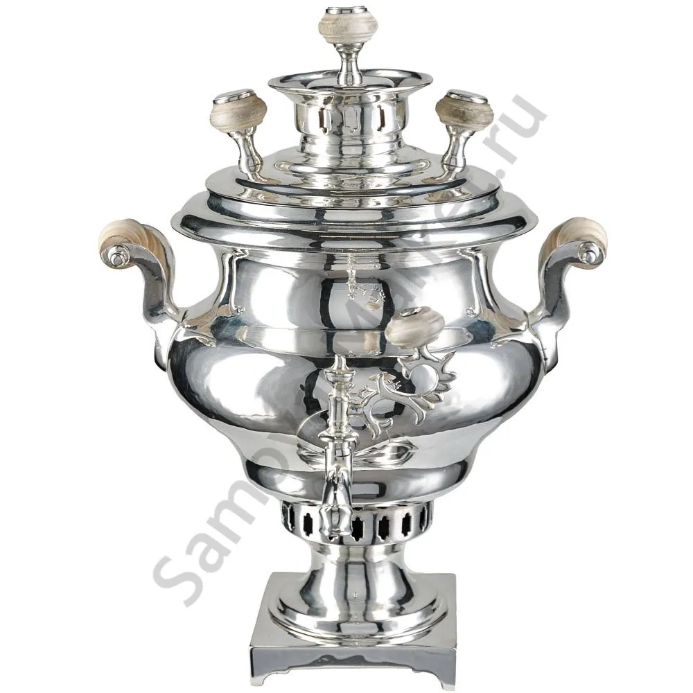 Самовар антикварный на дровах 1,2 литра формы «Репка» Романов,с трубой,фурнитура кость,посеребрённый