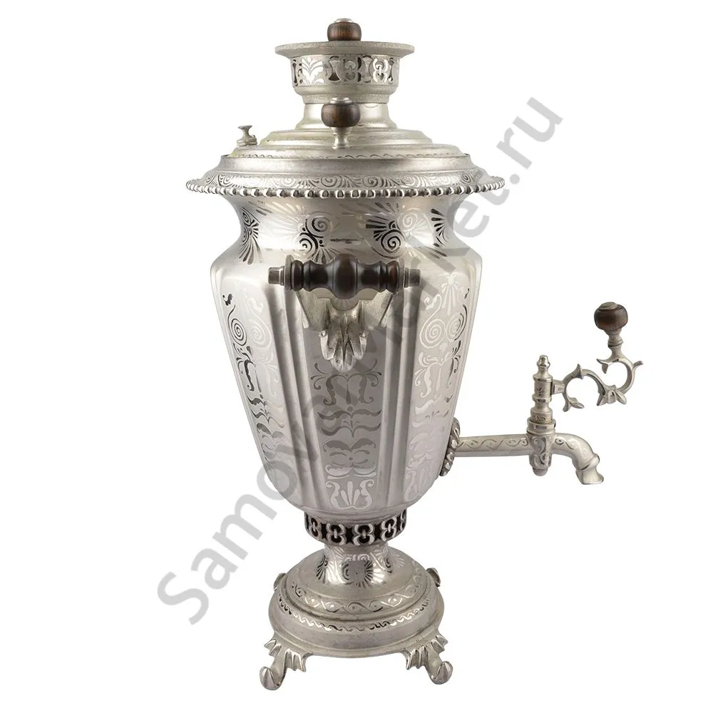 Самовар антикварный на дровах 4,5 литра формы «Рюмка» Объед. Самоварных фабрик, травление по никелю Самовар антикварный на дровах 4,5 литра формы «Рюмка» Объед. Самоварных фабрик, травление по никелю