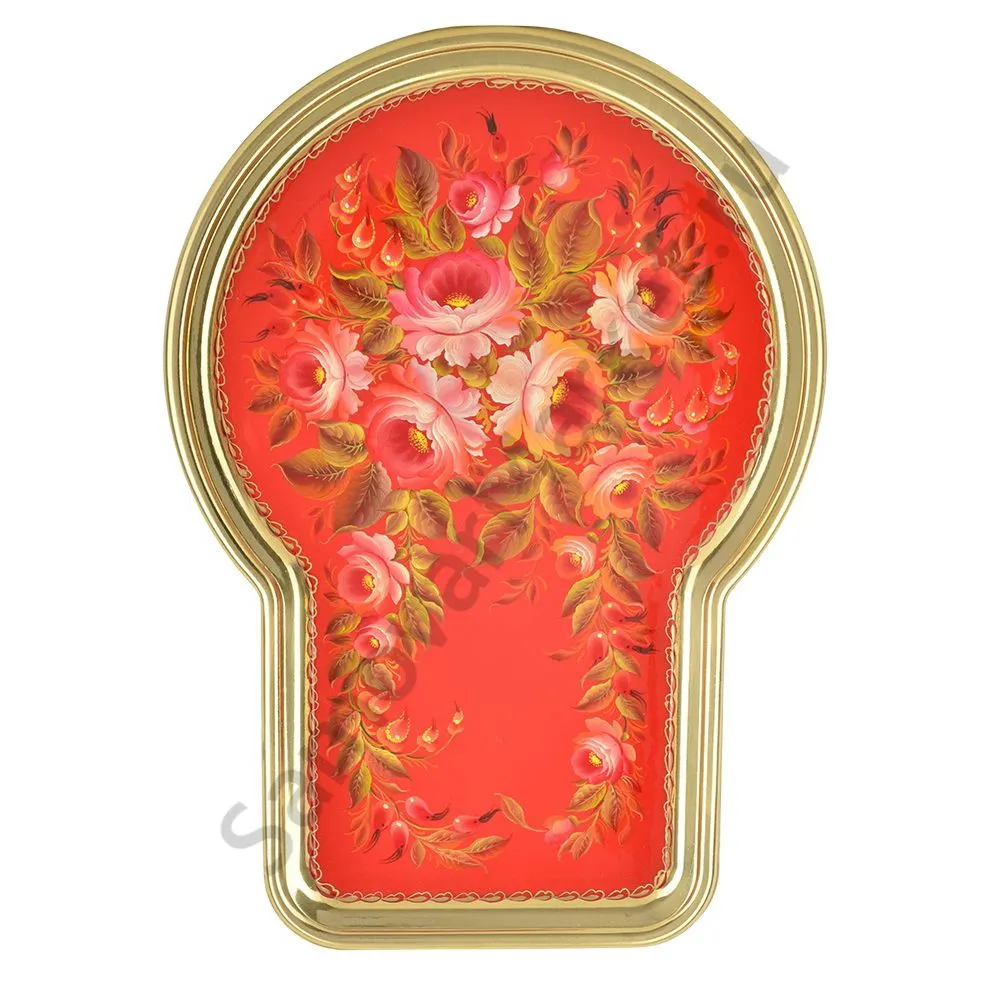 Поднос для самовара формы «Замочная скважина» с художественной росписью «Пионы на красном в золоте»