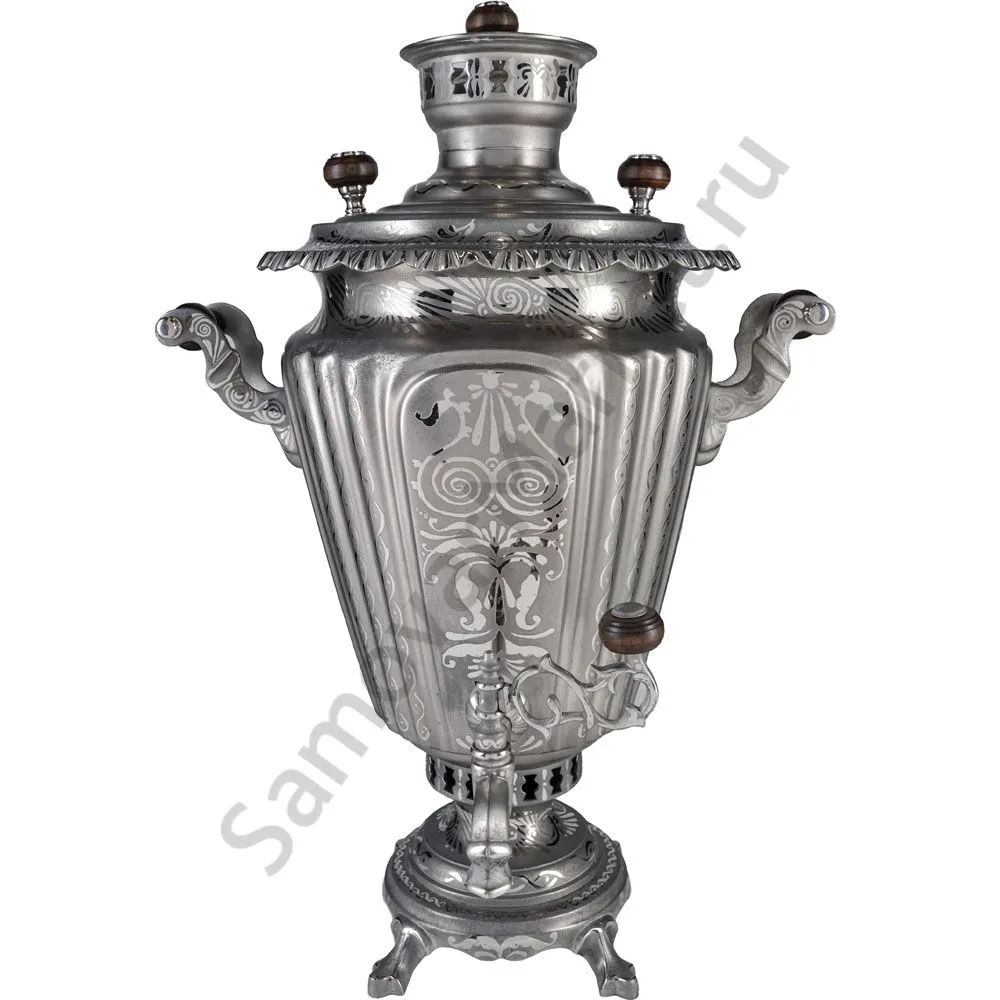 Самовар антикварный на дровах 6,5 литров формы «Рюмка гранная»с трубой, с узором, травление по никел Самовар антикварный на дровах 6,5 литров формы «Рюмка гранная»с трубой, с узором, травление по никел