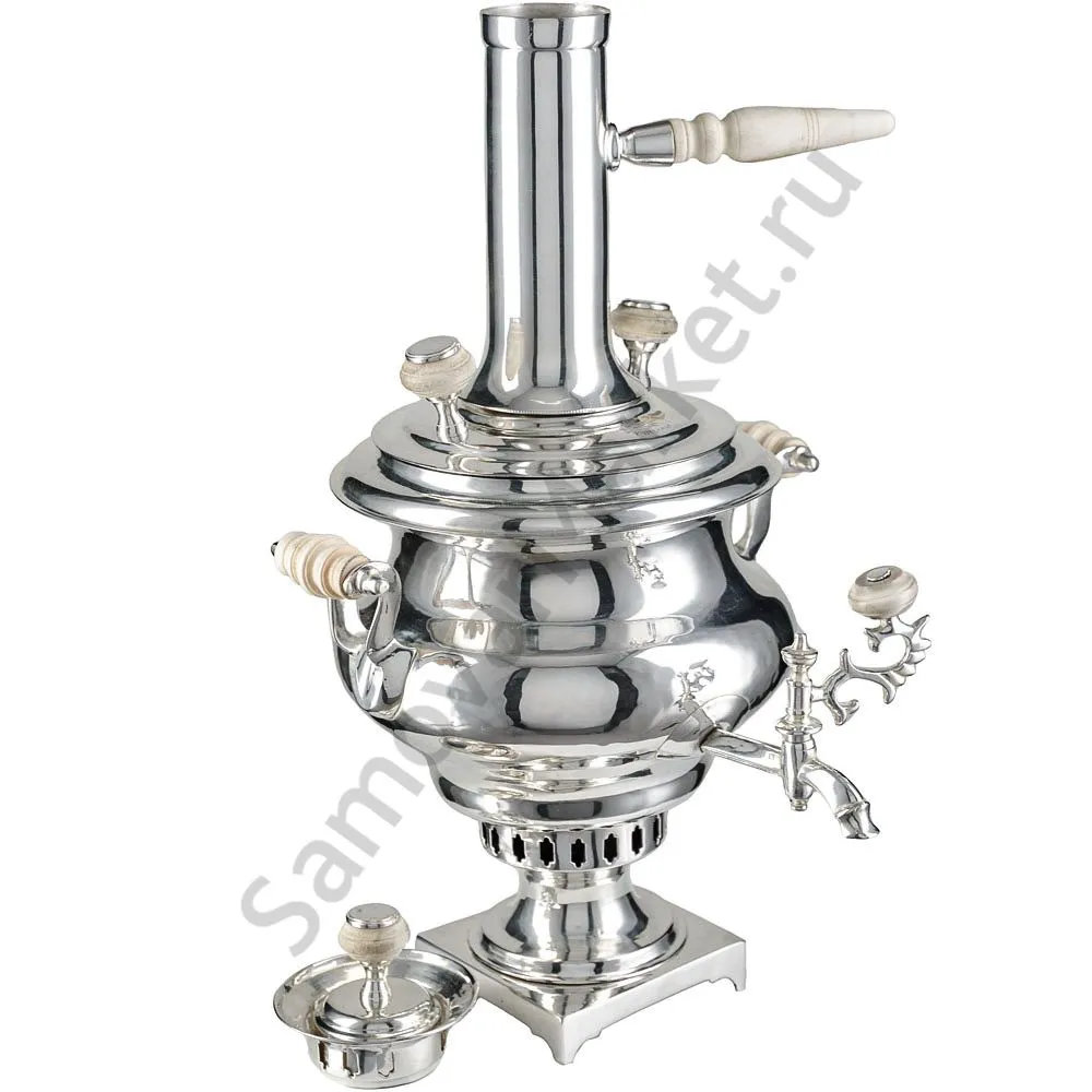 Самовар антикварный на дровах 1,2 литра формы «Репка» Романов,с трубой,фурнитура кость,посеребрённый