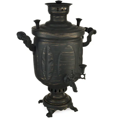 Самовар на дровах 5 литров формы «Банка с листьями», золотые нити в патине, категория «Эксклюзив»  Самовар на дровах 5 литров формы «Банка с листьями», золотые нити в патине, категория «Эксклюзив»