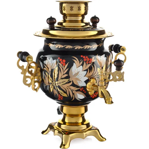 Самовар электрический 3 литра с худ. росписью «Хохлома белые цветы на чёрном» формы «Овал» Самовар электрический 3 литра с худ. росписью «Хохлома белые цветы на чёрном» формы «Овал»