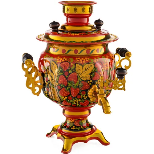 Самовар электрический 3 л. с художественной росписью «Клубника в зелени №2 на красном» формы «Овал» Самовар электрический 3 л. с художественной росписью «Клубника в зелени №2 на красном» формы «Овал»