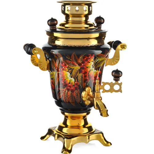 Самовар электрический 1,5 литра с худ. росписью «Осенний виноград в золоте» формы «Тюльпан» Самовар электрический 1,5 литра с худ. росписью «Осенний виноград в золоте» формы «Тюльпан»