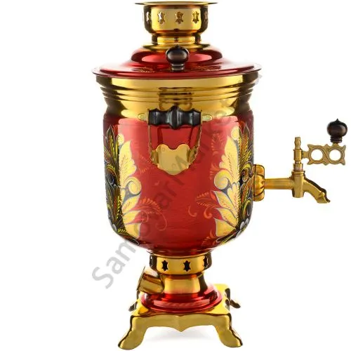 Самовар электрический 3 литра с художественной росписью «Кудрина красная» формы «Банка» Самовар электрический 3 литра с художественной росписью «Кудрина красная» формы «Банка»