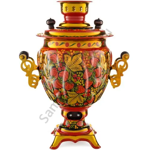 Самовар электрический 3 л. с художественной росписью «Клубника в зелени №2 на красном» формы«Жёлудь» Самовар электрический 3 л. с художественной росписью «Клубника в зелени №2 на красном» формы«Жёлудь»