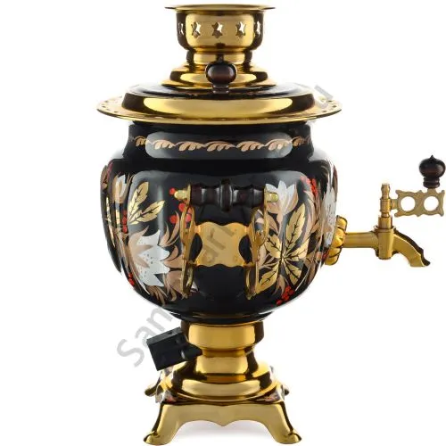 Самовар электрический 3 литра с худ. росписью «Хохлома белые цветы на чёрном» формы «Овал» Самовар электрический 3 литра с худ. росписью «Хохлома белые цветы на чёрном» формы «Овал»