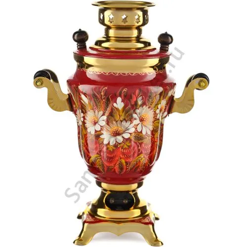 Самовар электрический 1,5 литра с худ. росписью «Ромашки с клубникой в золоте» формы «Тюльпан» Самовар электрический 1,5 литра с худ. росписью «Ромашки с клубникой в золоте» формы «Тюльпан»