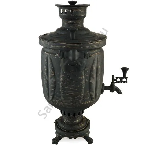 Самовар на дровах 5 литров формы «Банка с листьями», золотые нити в патине, категория «Эксклюзив»  Самовар на дровах 5 литров формы «Банка с листьями», золотые нити в патине, категория «Эксклюзив»