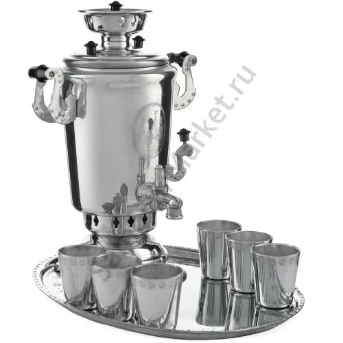 Самовар сувенирный с рюмками и подносом, Кремль, винтаж, серебристый Самовар сувенирный с рюмками и подносом, Кремль, винтаж, серебристый