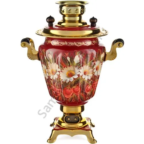 Самовар электрический 3 литра с худ. росписью «Ромашки с клубникой в золоте» формы «Рюмка» Самовар электрический 3 литра с худ. росписью «Ромашки с клубникой в золоте» формы «Рюмка»