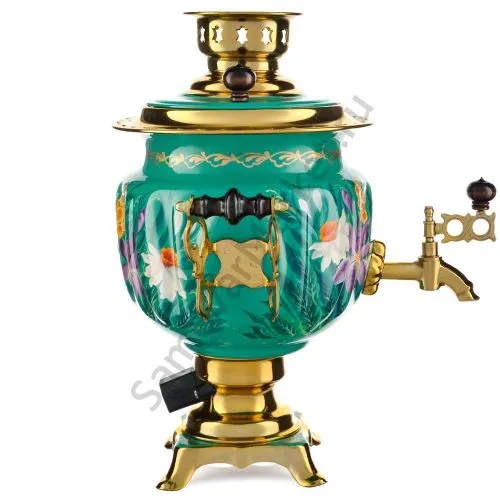 Самовар электрический 3 литра с худ. росписью «Нарциссы на зелёном в золоте» формы «Овал» Самовар электрический 3 литра с худ. росписью «Нарциссы на зелёном в золоте» формы «Овал»