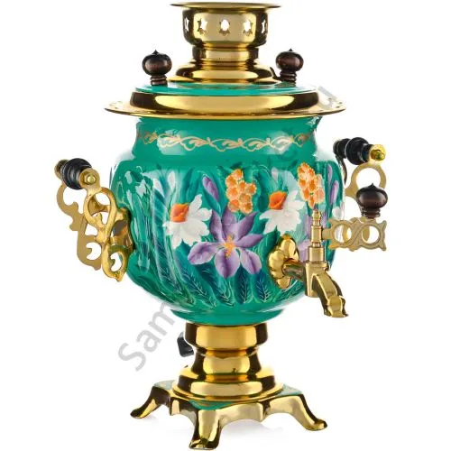 Самовар электрический 3 литра с худ. росписью «Нарциссы на зелёном в золоте» формы «Овал» Самовар электрический 3 литра с худ. росписью «Нарциссы на зелёном в золоте» формы «Овал»