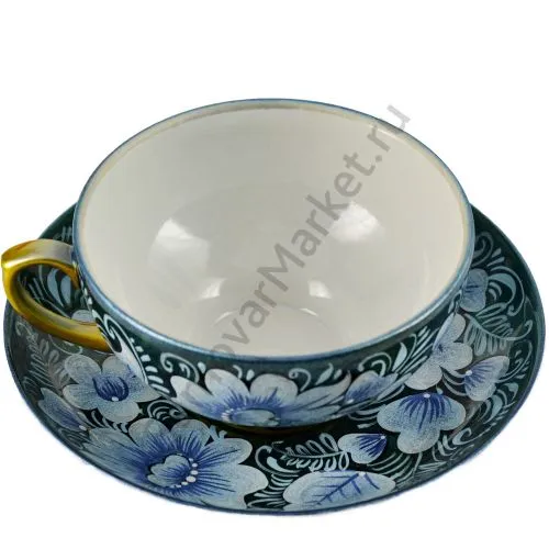 Чайная пара с художественной росписью «Пионы на изумрудном» Чайная пара с художественной росписью «Пионы на изумрудном»