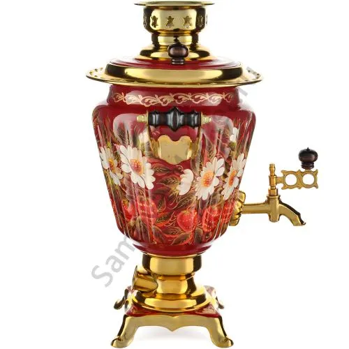 Самовар электрический 3 литра с худ. росписью «Ромашки с клубникой в золоте» формы «Рюмка» Самовар электрический 3 литра с худ. росписью «Ромашки с клубникой в золоте» формы «Рюмка»